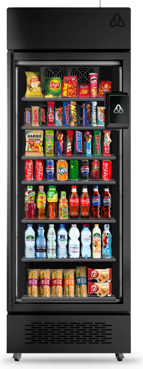 Lodówka smart AI Alnos Vending – model AV-AF-CFZ-510, 530 litrów za przeszklonymi drzwiami, widok z przodu z przykładowymi produktami. Wizualizacja poglądowa (mockup).