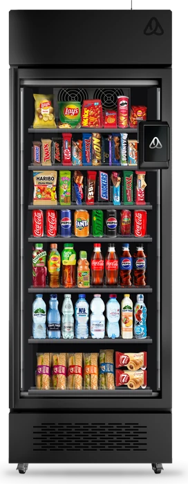 Lodówka smart AI Alnos Vending z przykładowymi produktami. Wizualizacja poglądowa (mockup).