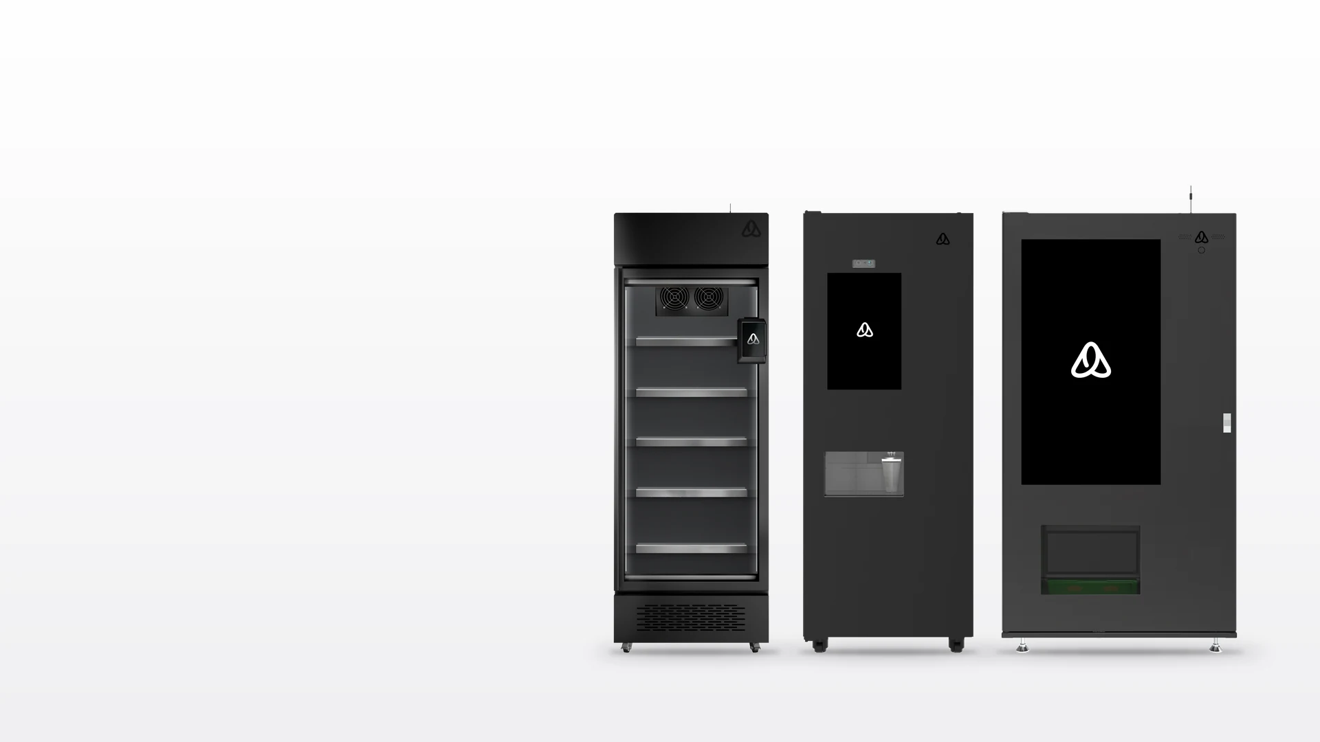 Lodówka vendingowa, automat z kawą i automat z przekąskami Alnos Vending obok siebie. Wizualizacja poglądowa.